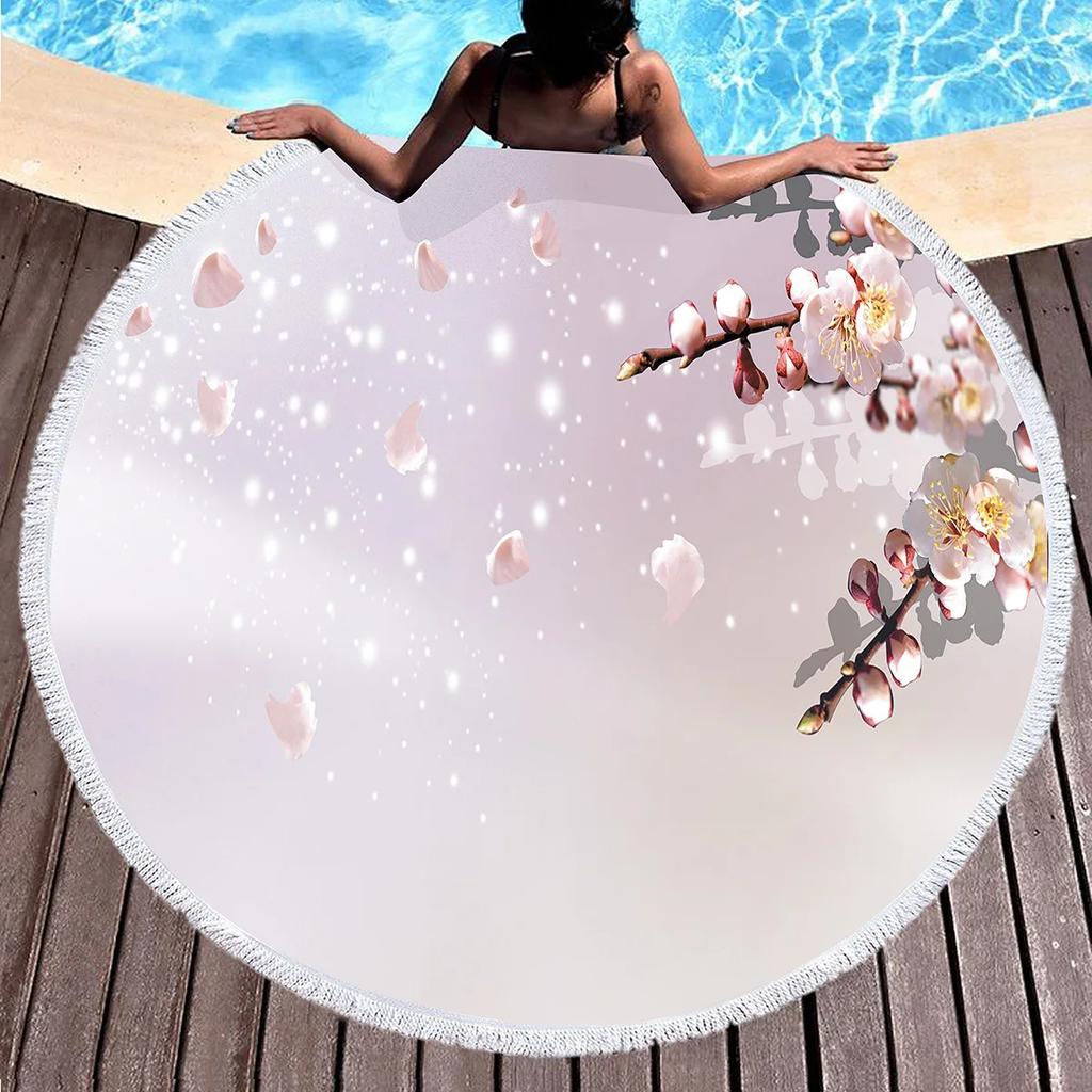 Cherry Blossom Round Beach Towel,Cherry Blossom Tree In The Sun Sand Anti-Sand Beach Blanket Absorbent Quick Dry Soft Pool Towel