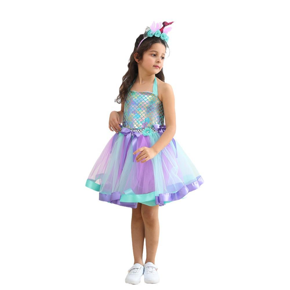 Abito Coda di Sirena Europeo & Americano con Copricapo - Tuta Elegante in Rete per Bambina con Fodera Interna