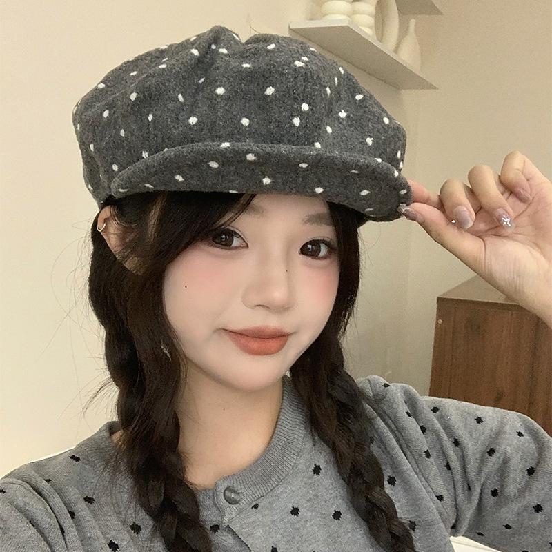 Korean Polka Dot Cloud Beret Female Spring And Summer Big Head Circumference Retro Versatile Painter Hat Showing Face Small Octagonal Hat
