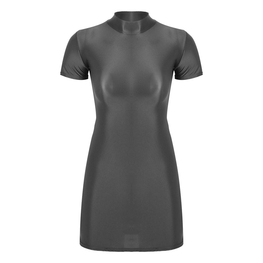 Womens Glossy Mock Neck Bodycon Dress Short Sleeve Stretchy Fabric Nightclub Party Mini Dress