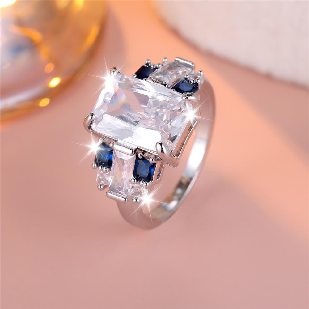Einzigartiger Damen Weiß Blau Quadratisch Rund Zirkonstein Ring Silberfarben Zierlich Geschenk Party Hochzeit Schmuck Für Frauen