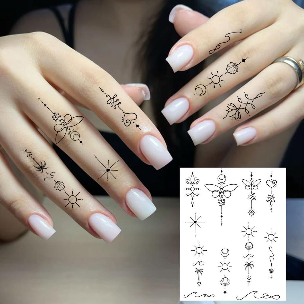 1 Sheet Sun Crescent Totem Chain Temporary Tattoos For Women Finger, Fake Tattoo Sticker Waterproof Long Lasting Realistic Tatoo