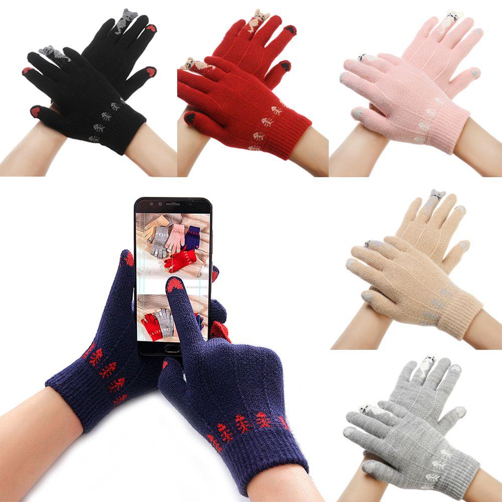 Keep Finger Warm Cute Soft Elastic Full Finger Thicken Warm Touch Screen Mittens Knitted Gloves