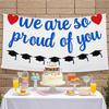 Pre-Strung We Are So Proud of You Banner Garland for Veterans Day Congratulation Graduation Party, NO DIY Black and Blue Glittery Letter Hat Sign for