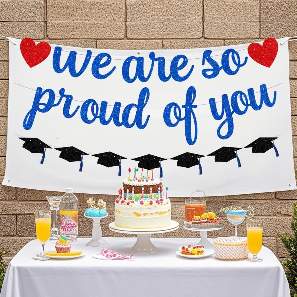 Pre-Strung We Are So Proud of You Banner Garland for Veterans Day Congratulation Graduation Party, NO DIY Black and Blue Glittery Letter Hat Sign for