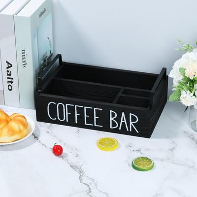 4 Compartments Coffee Bar Organizer Wooden Coffee Station Countertop Storage Box for Stacked Coffee Cup,Creamers,Coffee Tools