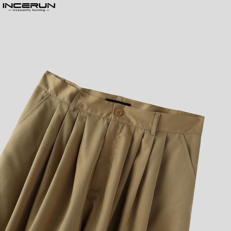 INCERUN Men Zip-up Waist Solid Color Casual Loose Cropped Straight Pants