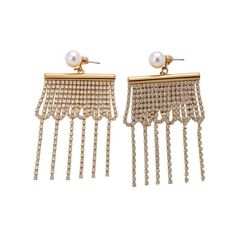 Exquisite Rhinestone & Pearl Tassel Stud Earrings - Niche Design, Bold and Versatile with High-End Appeal