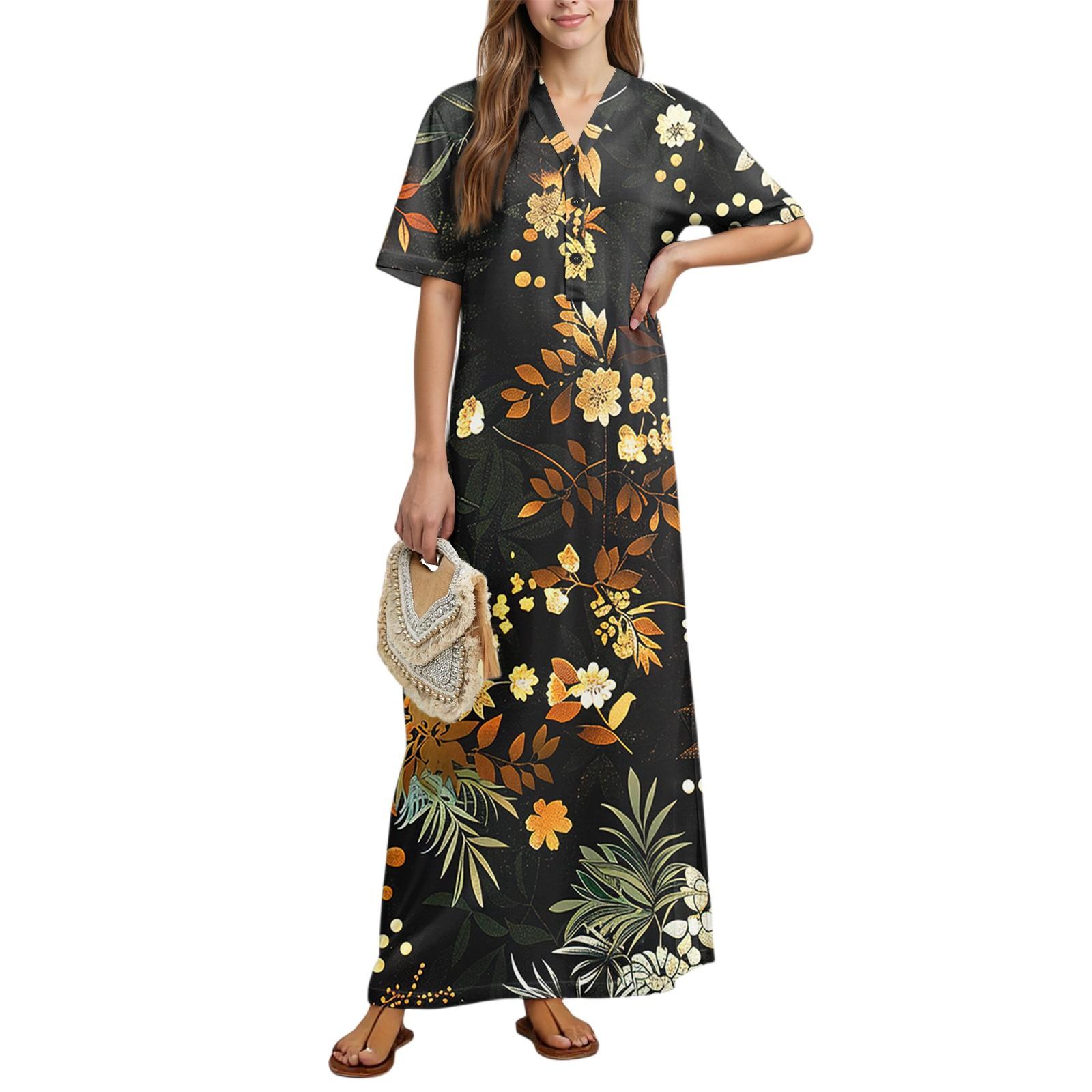 

Женская мода Принтованная ночная сорочка Домашняя одежда Ночная сорочка с коротким рукавом с карманами Длинное платье XL жёлтый