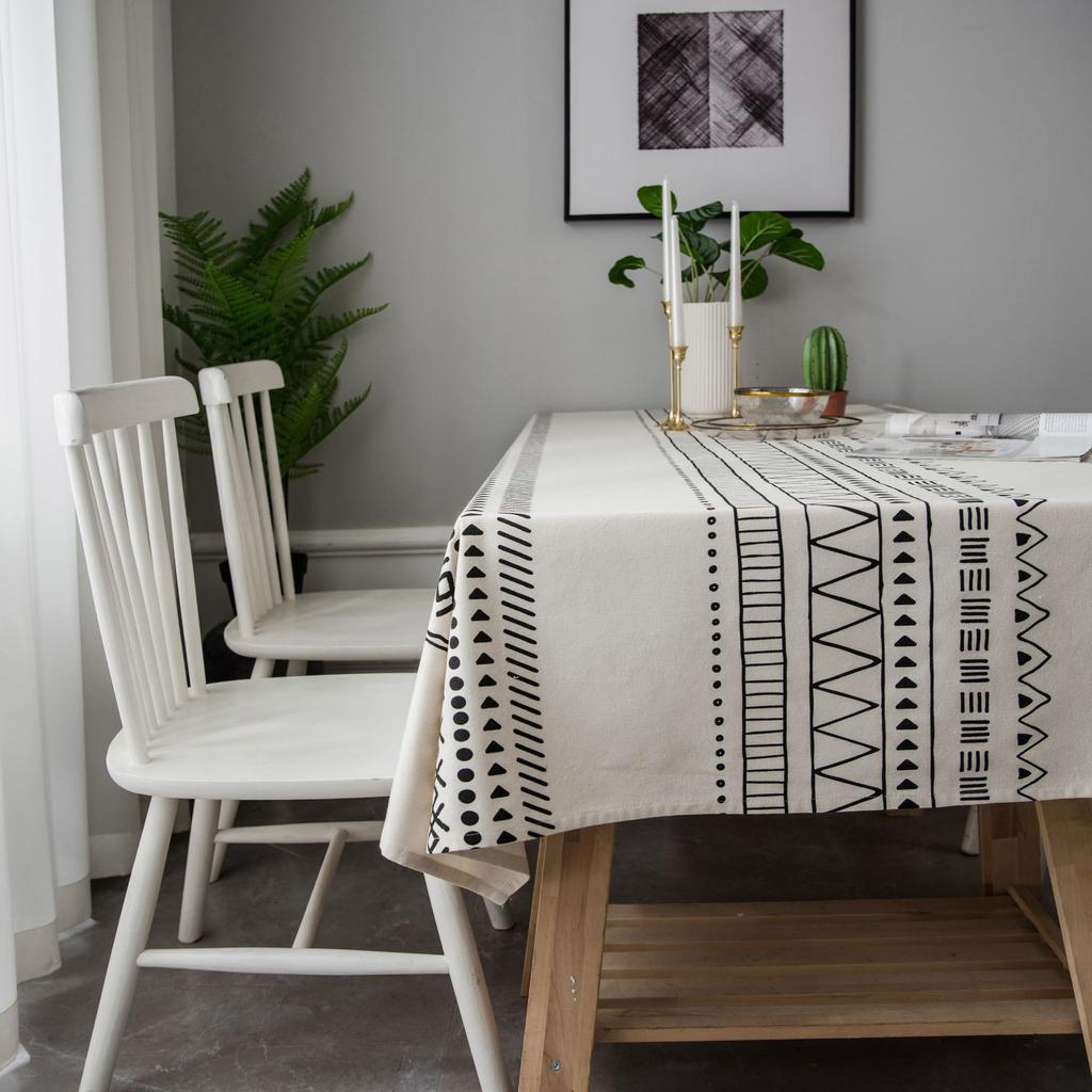 Cotton Linen Tablecloth,Geometrical Pattern Rectangle Tassel, Dust-Proof Table Cover,for Kitchen Dinning Party Tea Table Decor