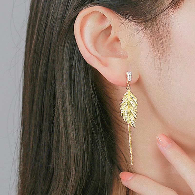Luxury 14K Real Gold Plated Leaves Tassel Stud Earrings for Women Trending Cubic Zircon Wedding Jewelry