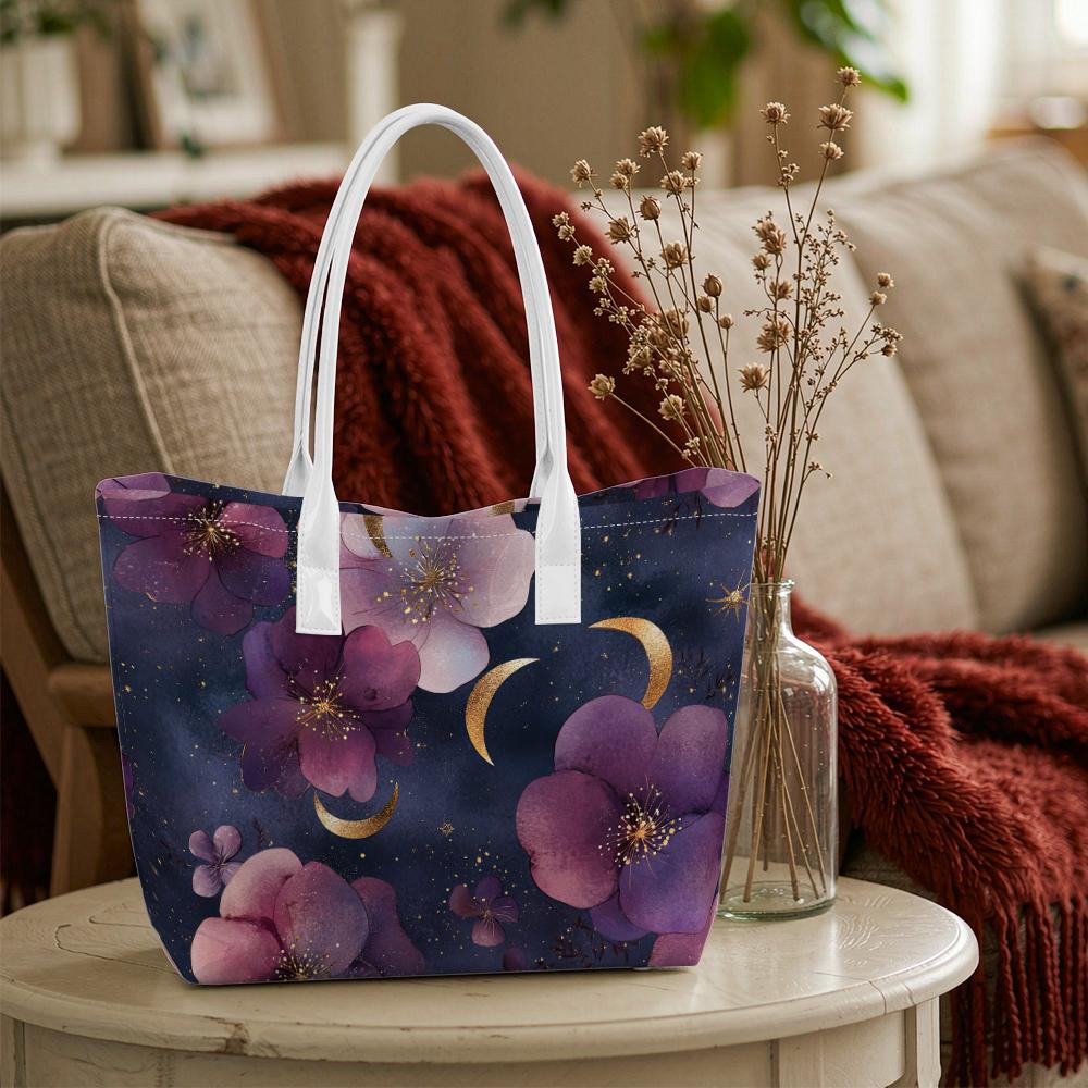 Purple Floral Moon Print Women Tote Bag Casual Shoulder Bag For Daily Use