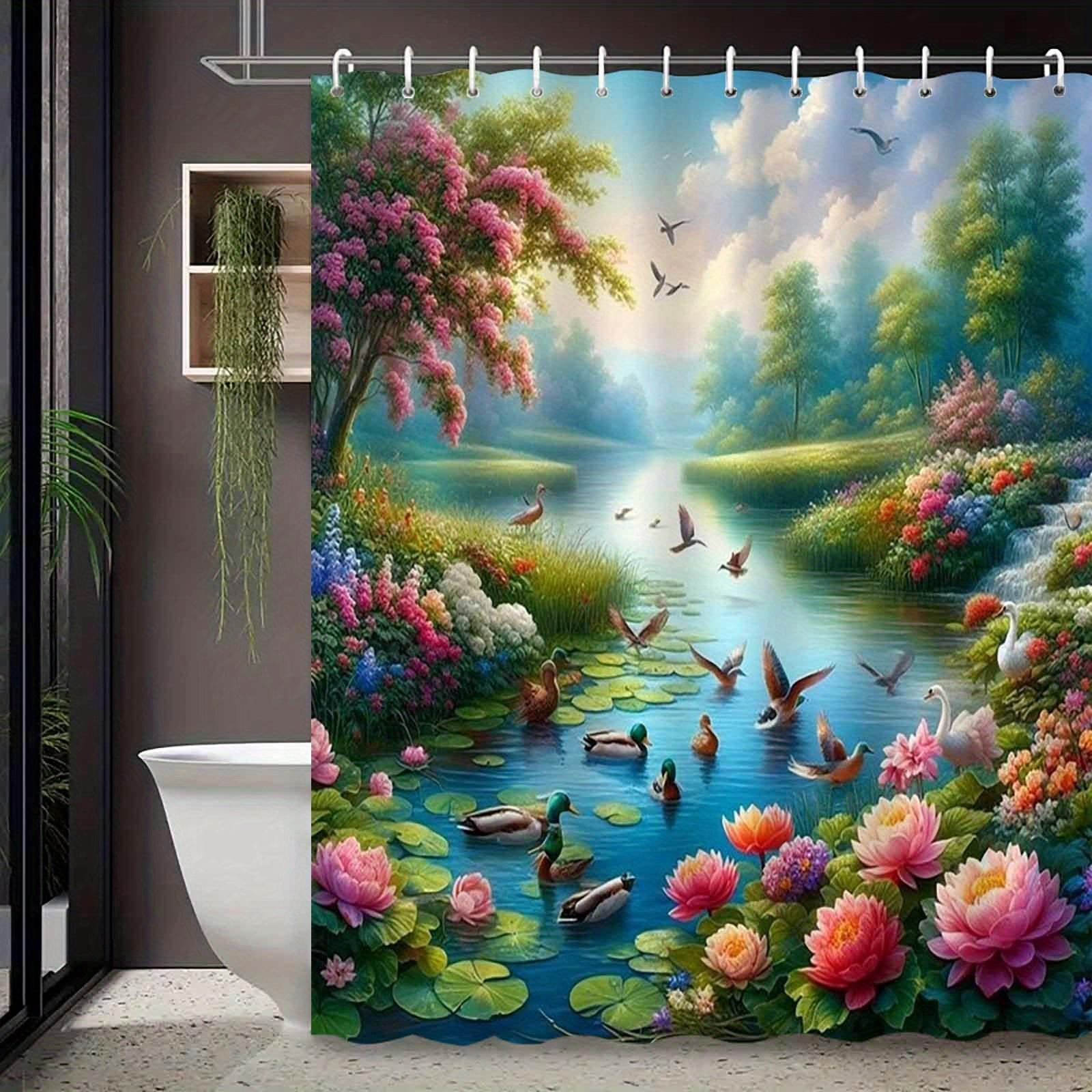 

Lotus Pond Garden Shower Curtain Nature Landscape Art Bathroom Decor Floral Water Birds Bath Curtains for Modern Home Interior W90xH180cm