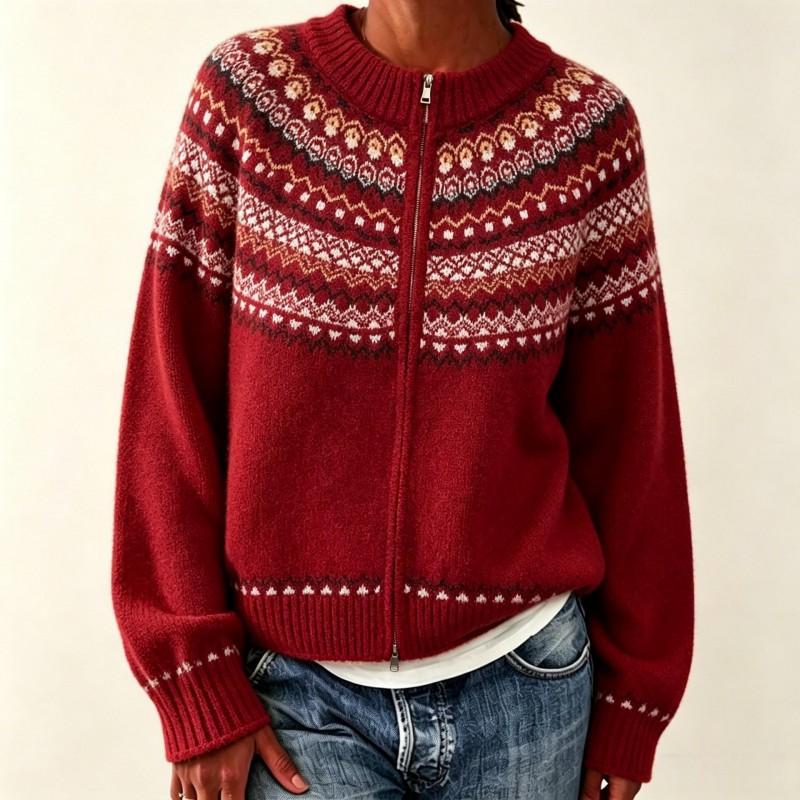 Faroese-Inspired Cable Knit Zip-Up Sweater Womens Oversized Round Neck Cardigan Winter