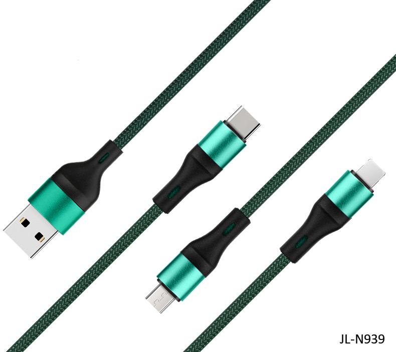 Nylon Braided 3 in 1 Charging Cable 3A Fast Charging USB C Micro Cable for Mobile Phone