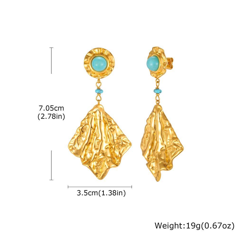 Exquisite Stainless Steel Pleated Texture Geometric Large Dangle Earrings for Women, Gold Plated Delicate Vintage Jewelry