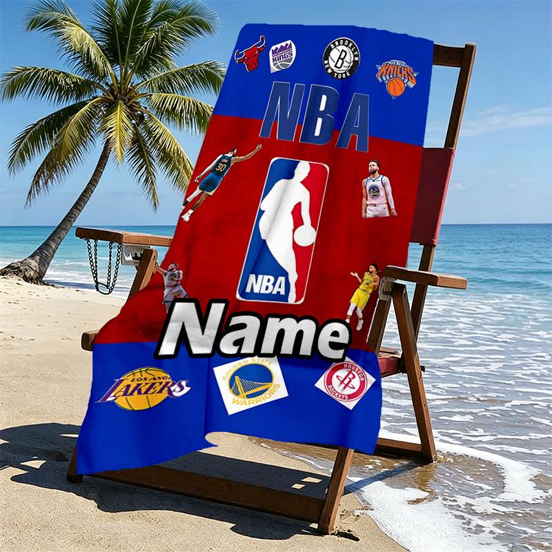 Custom Name Personalized NBA Print Beach Towel, for Trip Camping Beach Party Home Decor, Birthday Gift for Family & Friends