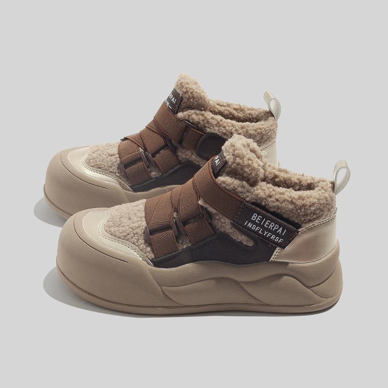Women's High-top White Fleece Sneakers New Winter Casual Shoes Warm Cotton-padded Shoes Round Toe Snow Boots