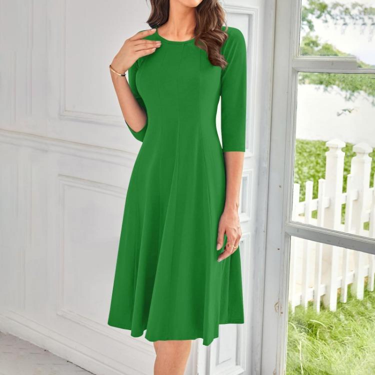 Casual Women Solid Color Midi Dress Round Neck Three Quarter Sleeve Fashion S