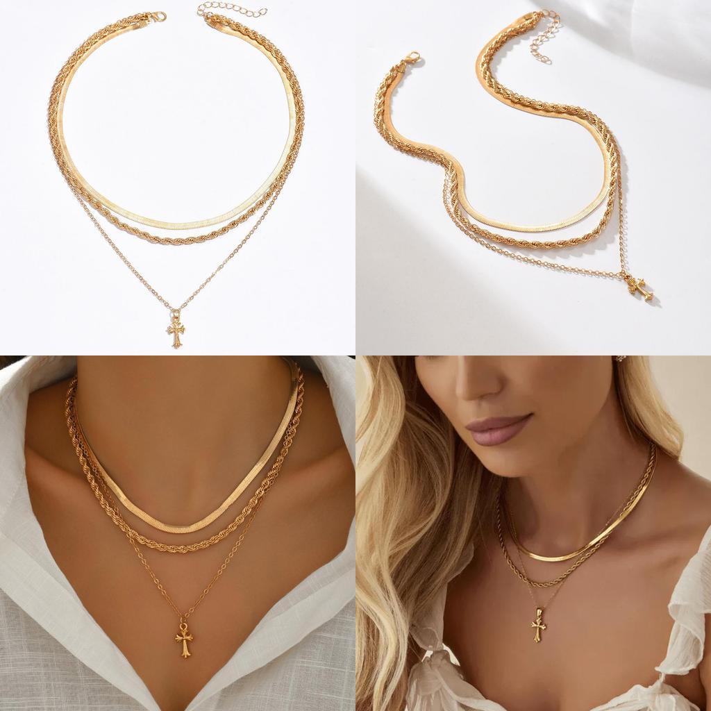 Cross Pendant Necklace Metal Jewelry For Women With Geometric Design And Multilayer Style