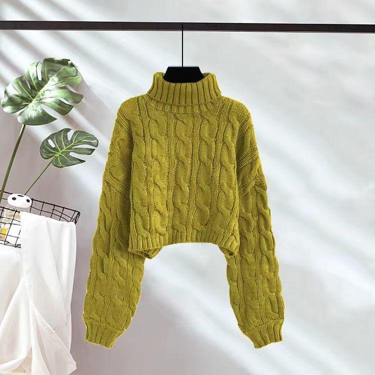 

Пуловер с высоким воротом, короткий свитер с косами для женщин, осень-зима, новый ленивый стиль, свободный, утолщенный, вязаный, для ношения на улице 2XL жёлтый