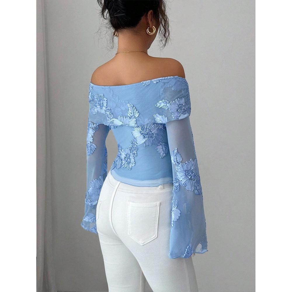 Spitze Langarm Tops für Damen Y2k Off-Shoulder Tops Sexy Durchsichtig Glockenärmel Ausgeh-Tops Mode Kleidung