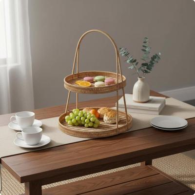 2 Tier Woven Tray Multi Layer Rattan Fruit Basket Decorative Wicker Serving for Coffee Table,