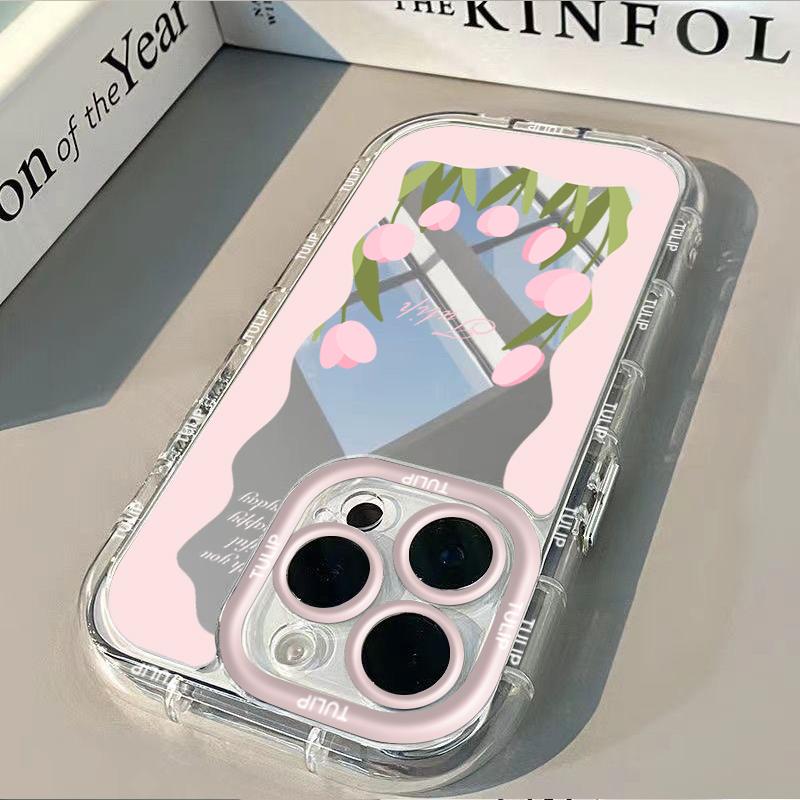 Tulip Flowers Pattern Phone Case For iPhone 17 11 Pro Max 16 14 13 Pro 12 15 XR XS X 7 8 Plus 16e SE2 Make Up Mirror Soft Cover