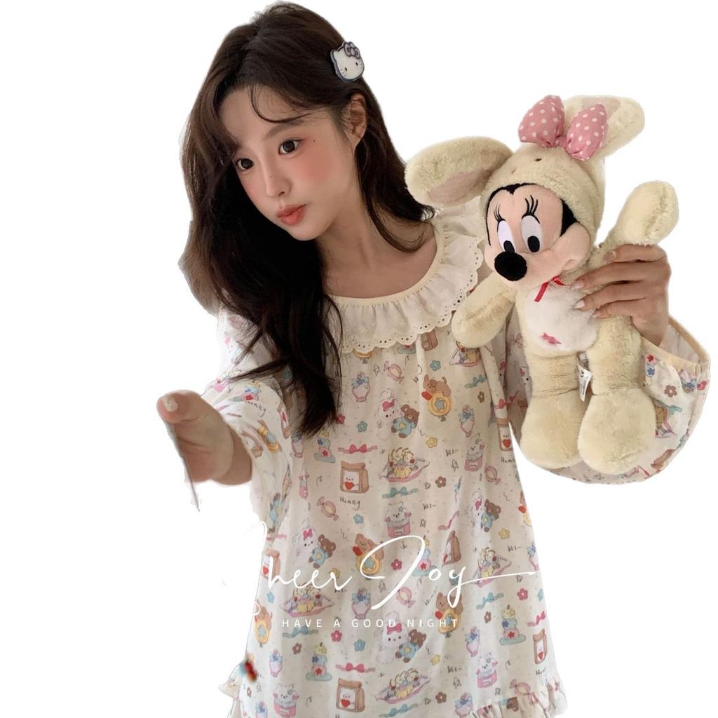 Autumn and winter new cotton double-layer yarn soft lace floral women's loungewear long-sleeved trousers star language star wish rice
