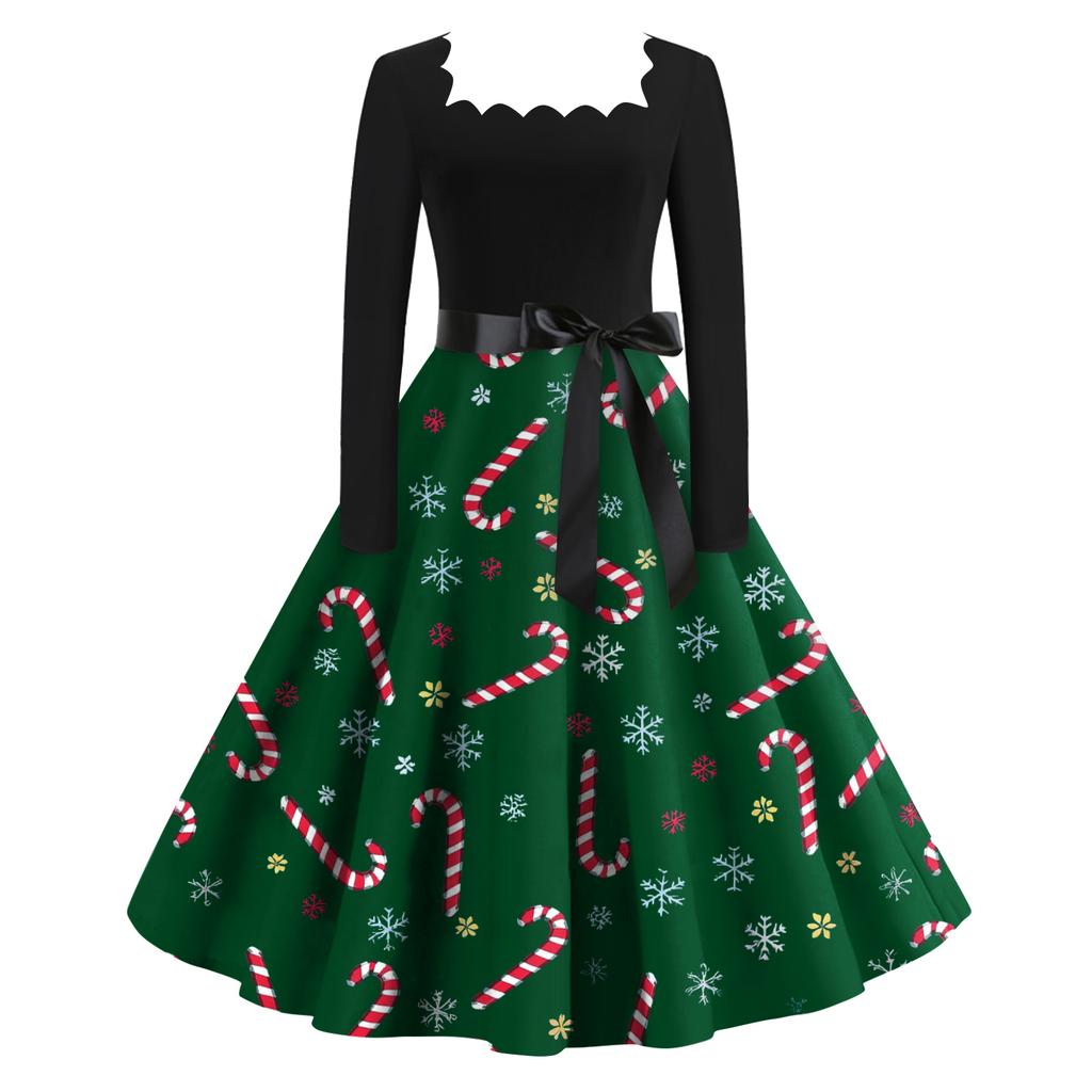 Women's Fashion Retro Long-sleeved Square Collar Christmas Printed Evening Dress