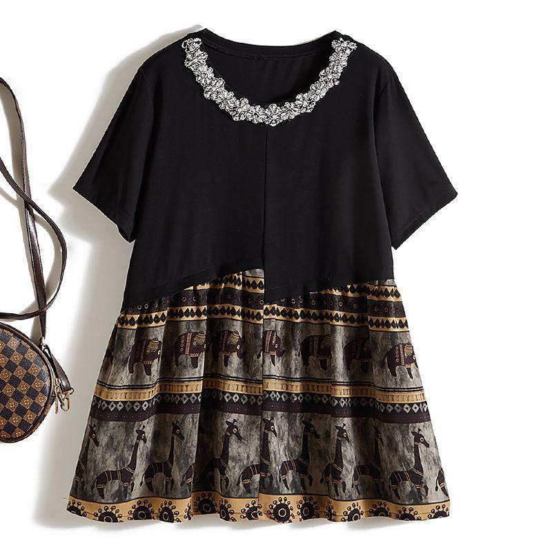 

Handmade Large Rhinestone Collar! Women s Fake Two-Piece Cotton Patchwork Asymmetrical Short Sleeve and Long Pattern T-shirt Strongly Promotes Welfare Black cartoon L