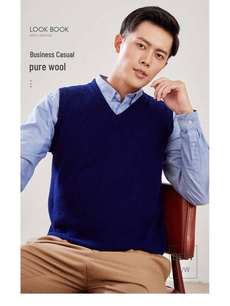 Men's Loose Fit Wool Crew Neck Sweater Vest - Sleeveless Pullover for Spring & Autumn