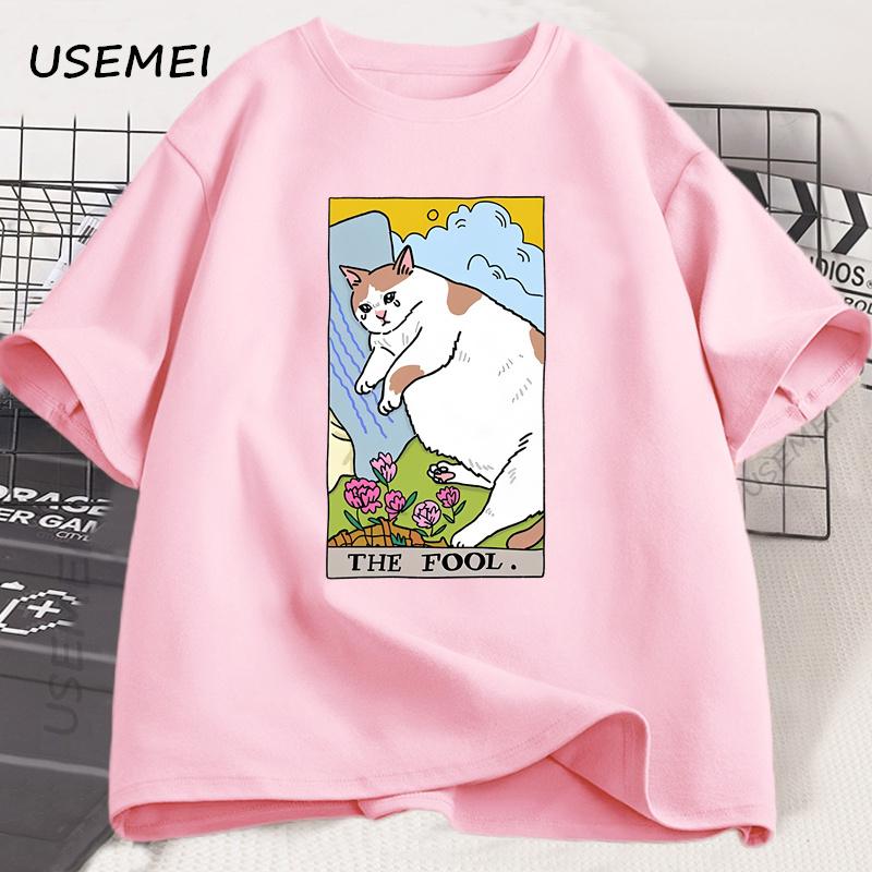 Sad Cat Meme The Fool Tarot T-Shirt Men Women Witchy Clothing Crying Cat T Shirt Casual Oversized T-shirts Streetwear Clothing