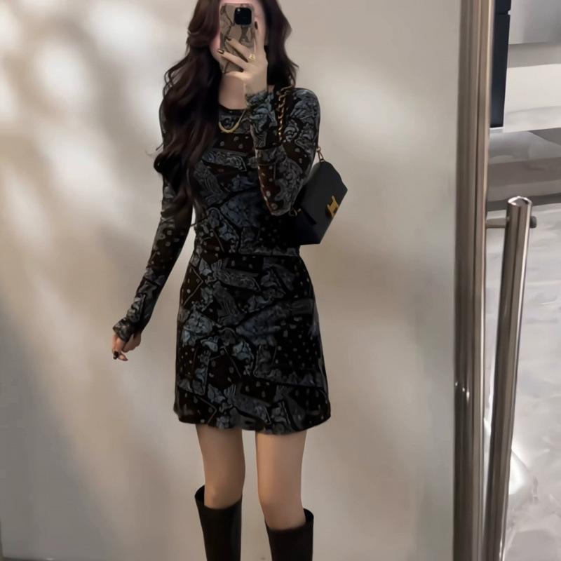 Stylish Retro Print High-Waist Dress for Women - Autumn/Winter Medium