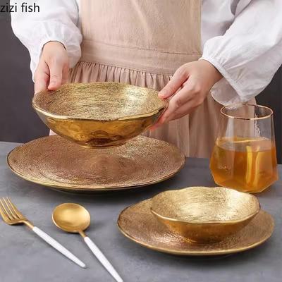Piatto da portata in ceramica dorata satinata, piatto da bistecca, piatto da pasta, insalatiera, ciotola da dessert, stoviglie speciali per cucina molecolare