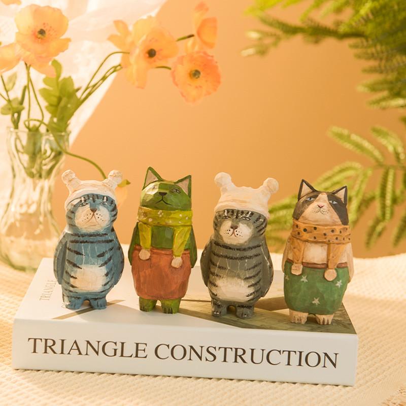 Wooden Cat Figurine Craft Gift For Home Office Decor Collectors Gift