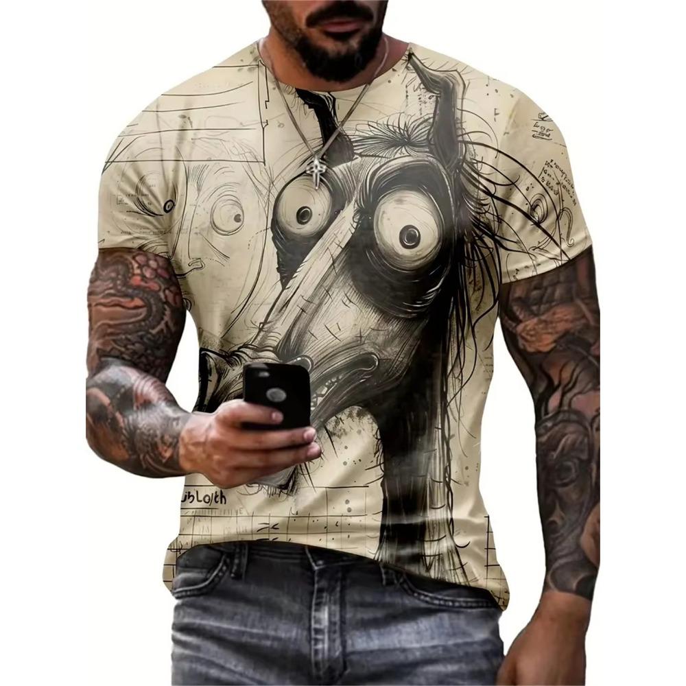 O Neck Pullover Vintage Men's Oversized Clothing Sportswear Funny Animal Print Casual Short Sleeve