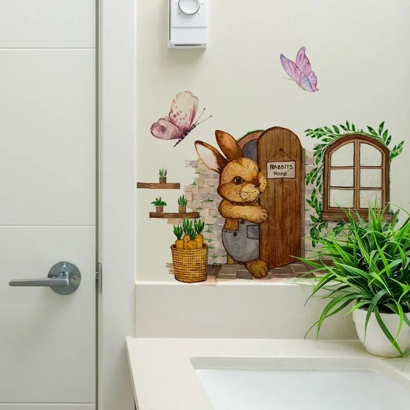 New Creative Hare Cute Bunny Butterfly Wall Sticker Breaking Out The Door Living Room Bedroom Creative Decorative Wall Sticker