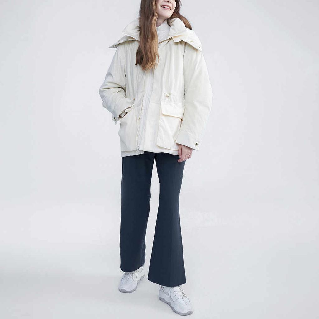 Fila Emerald Solid Color Hooded Casual Mid-Length Down Jacket Women Outerwear Ice-Cream-White F11W344905F-IV