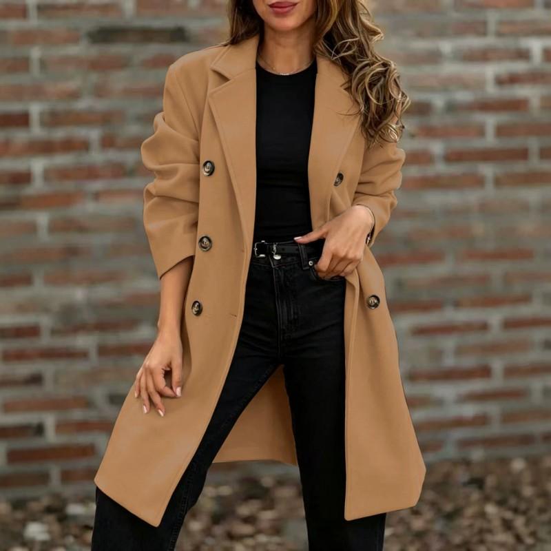 Womens Wool Blend Double-Breasted Notched Collar Long Coat Winter 2026 City Chic Outerwear