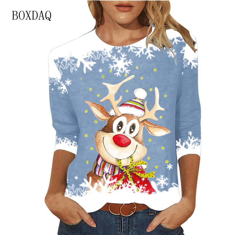 

Забавный мультяшный рождественский олень женские футболки с длинным рукавом осень-зима уличный 3D принт рождественский стиль женские футболки плюс размер 6XL 3XL