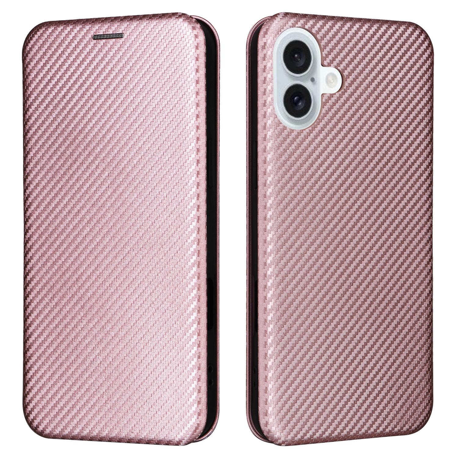 

For iPhone 16 Plus Case PU Leather Carbon Fiber Texture Phone Cover with Card Holder Rose Gold