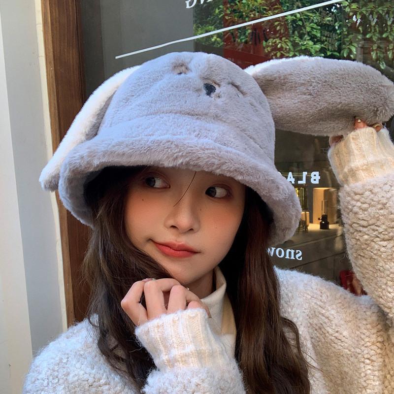 Korean Style Plush Rabbit Ears Bucket Hat With Warm Windproof Function For Outdoor Winter Wear
