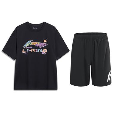 Li Ning Retro Loose Comfortable Letter Versatile Short Sleeve Top Fashion Simple Five Point Shorts Casual Sports Suit Unisex Sets AHSU745-1+YKSV197-2