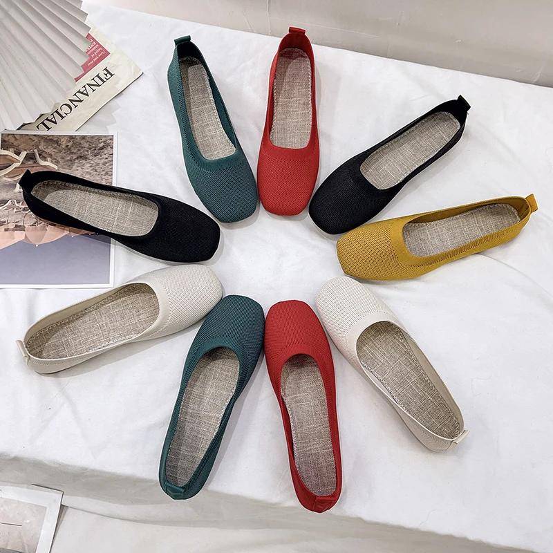 WomenSummer Fashion Knitted Mesh Breathable Ladies Loafers Comfort Square Toe Casual Flats Women Work Shoes Comfortable for Work