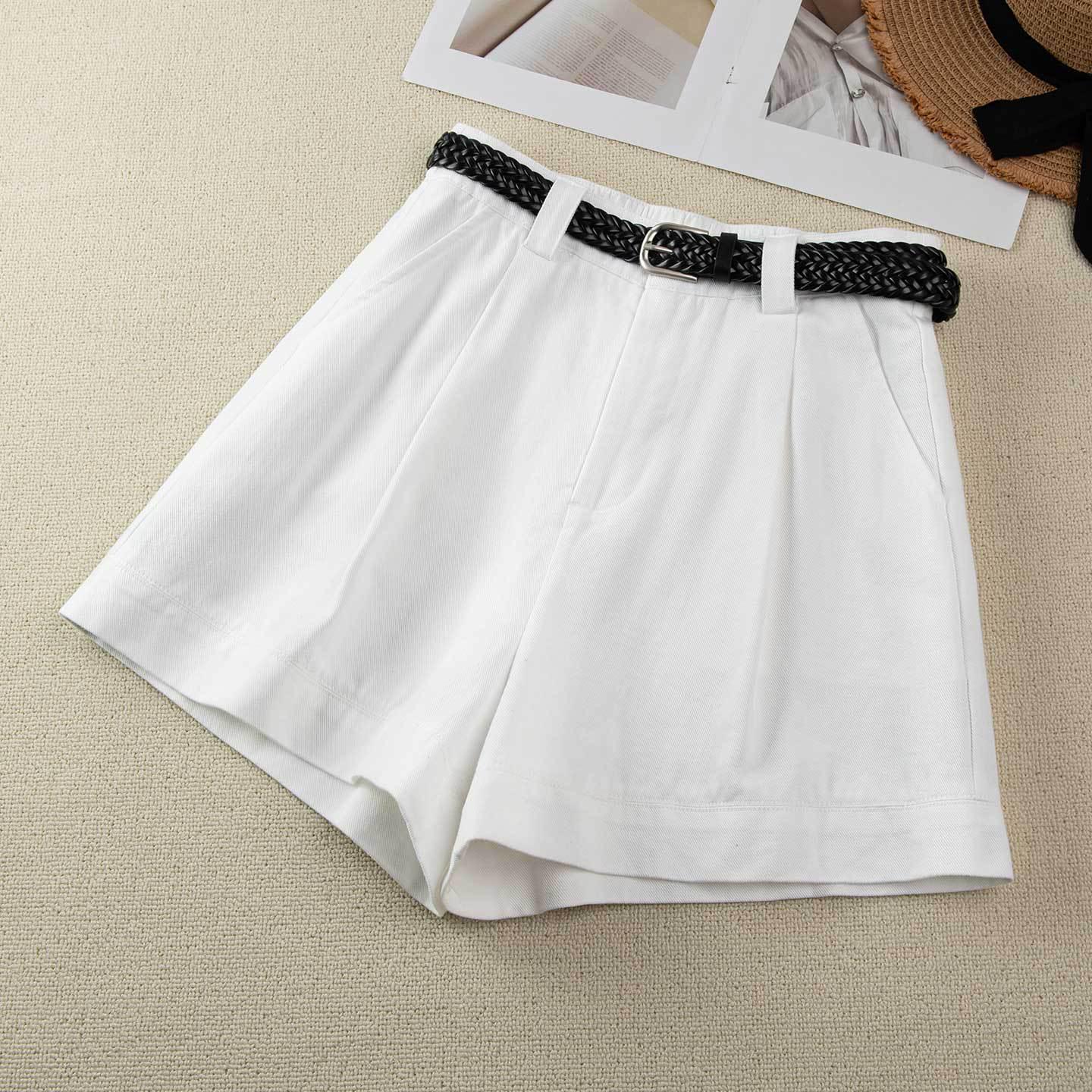 

Women s High Waist Blue Silk Denim Shorts - Summer A-line Loose Wide-Leg Design 26 вершковий/білий