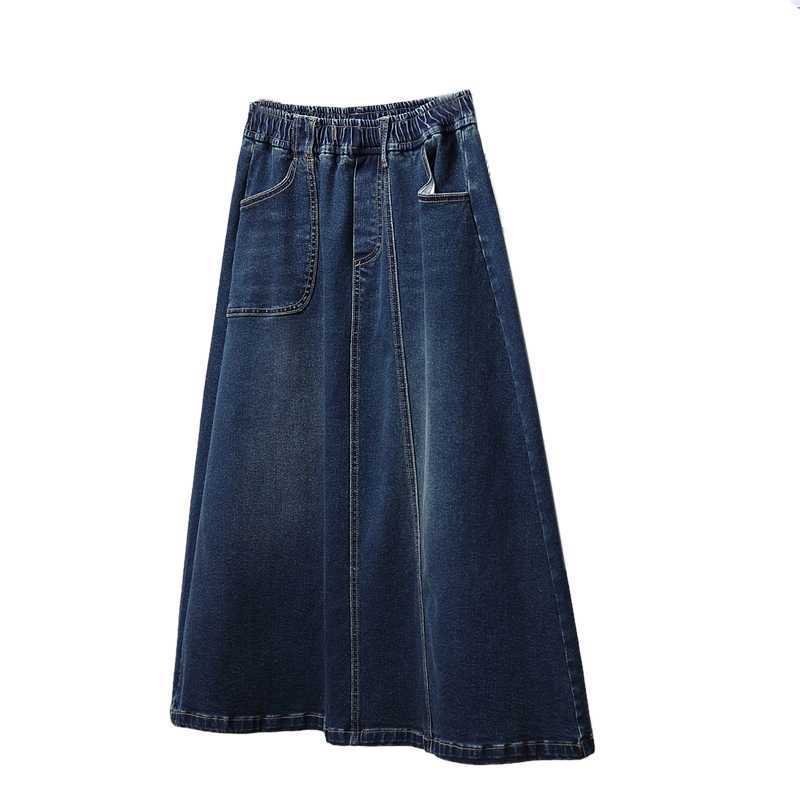 

Plus Size Summer Elastic Denim Skirts Women Fashion Loose A-Line Skirt High Waist Vintage XL синий