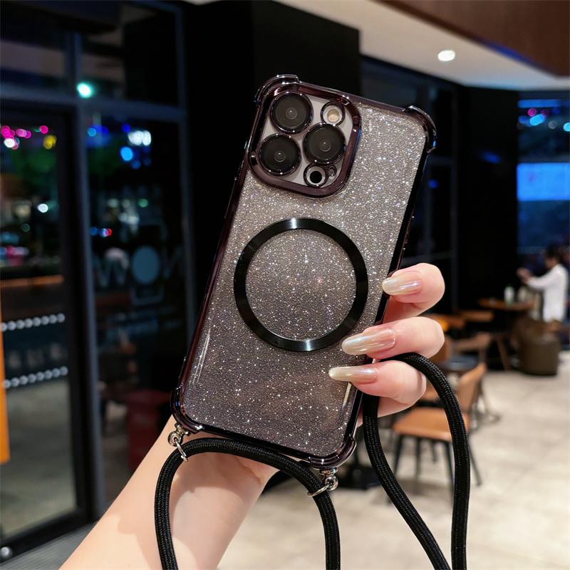 Coque de téléphone magnétique pour Redmi Note 14 14 Pro Plus 14S Luxe Bling Transparent Lanière bandoulière Antichoc Coques arrière Funda