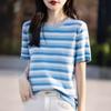 Pure Cotton Rainbow Striped Round Neck Short-sleeved T-shirt for Women In Summer Korean Style Relaxed Fit Design Leisure Knitted Sweater Top