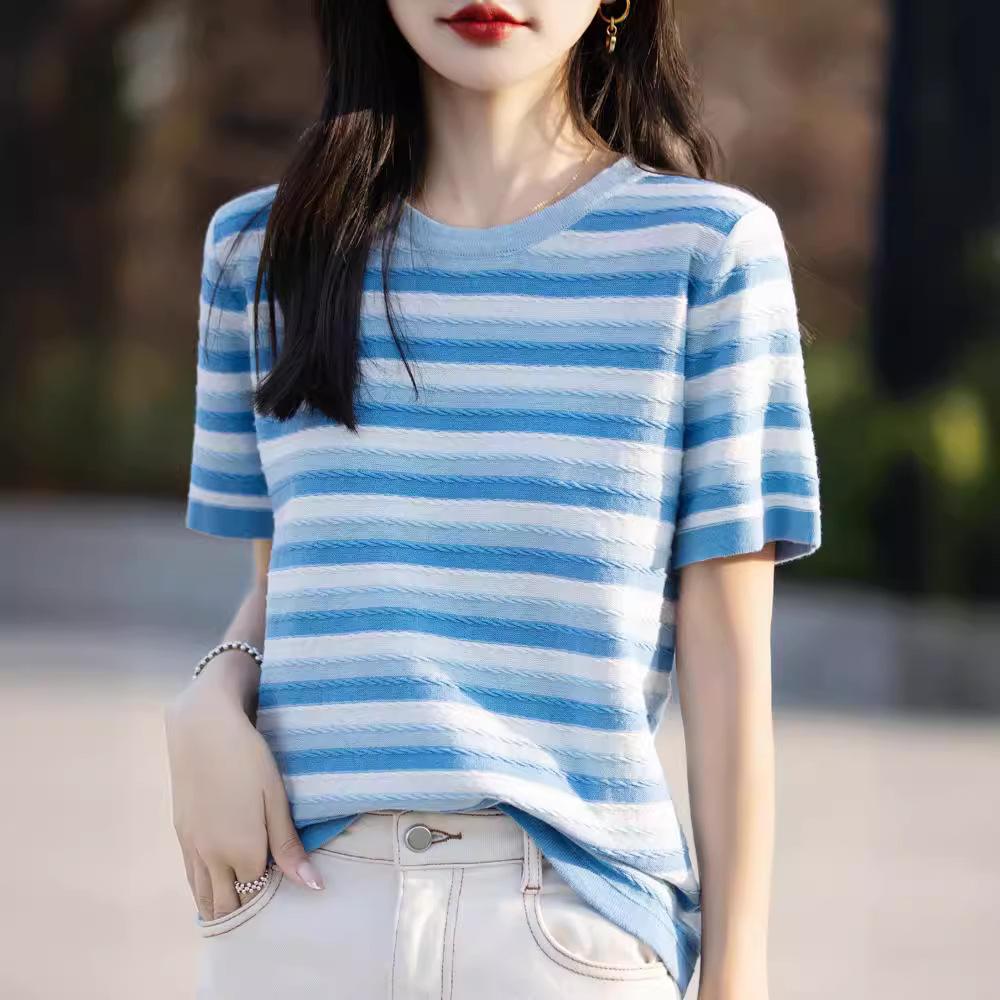 Pure Cotton Rainbow Striped Round Neck Short-sleeved T-shirt for Women In Summer Korean Style Relaxed Fit Design Leisure Knitted Sweater Top
